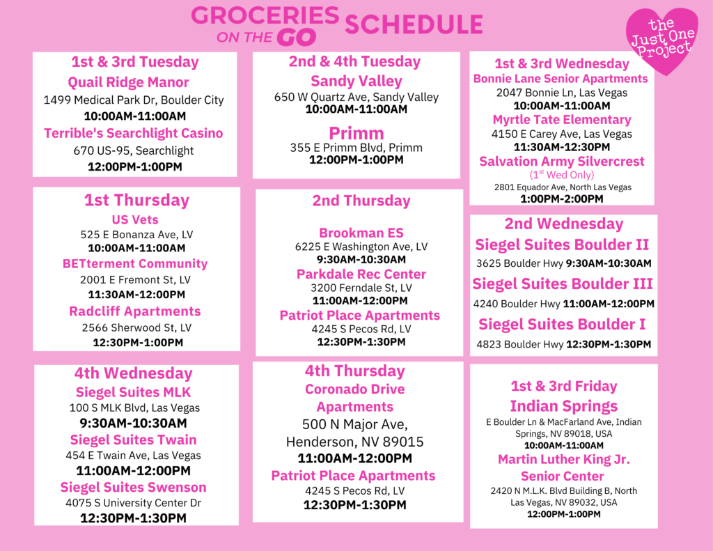 A grocery store schedule with various times and locations.