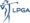 A blue and white logo of lpga
