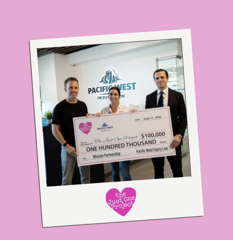 Pacific West Injury Law presents a $100,000 Mission Partner donation to The Just One Project to support food access and community programs in Southern Nevada.
