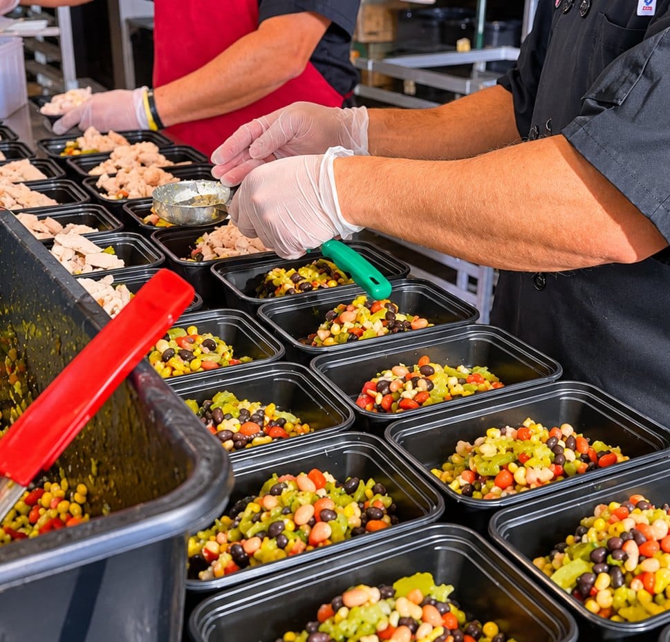 A person in white gloves spoons a colorful bean and corn salad into black meal prep containers.