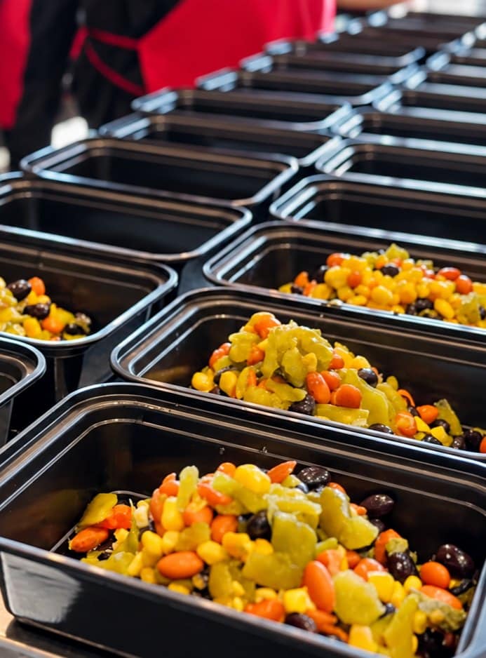 Rows of black meal prep containers filled with corn, black beans, pinto beans, and green chiles.